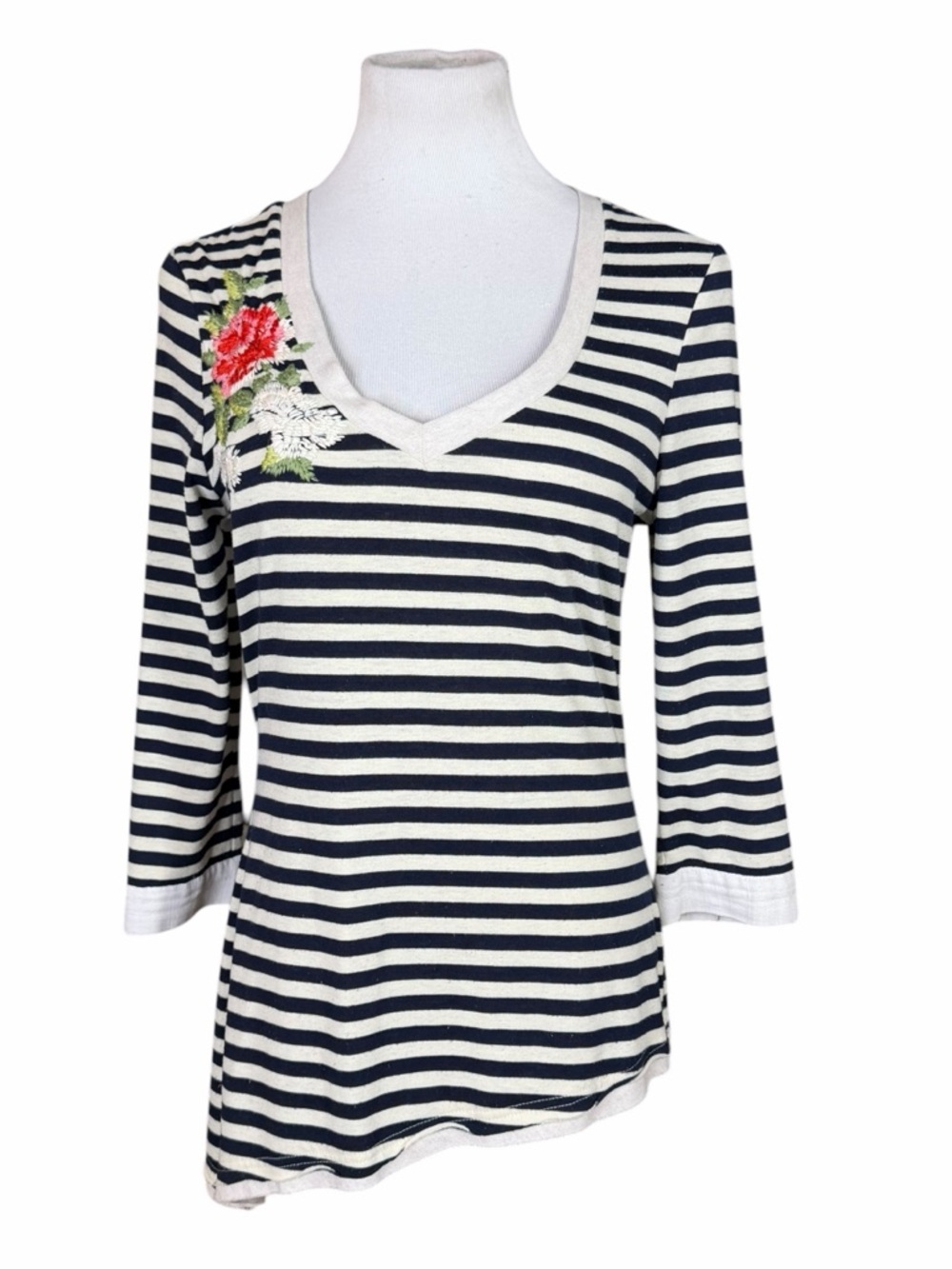 Nick & Mo Navy & Cream Stripe Floral Embroidered Asymmetrical 3/4 Sleeve Tee - M